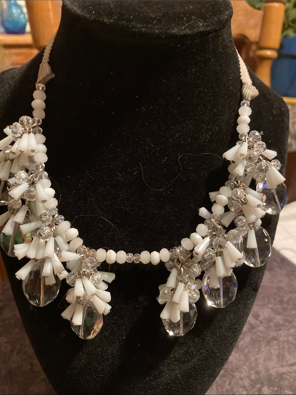White Beaded Crystal Cluster Statement Necklace